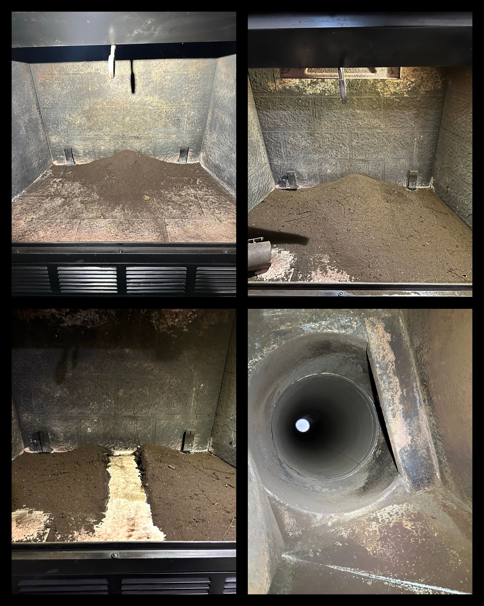 A collage of four pictures of a dirty room