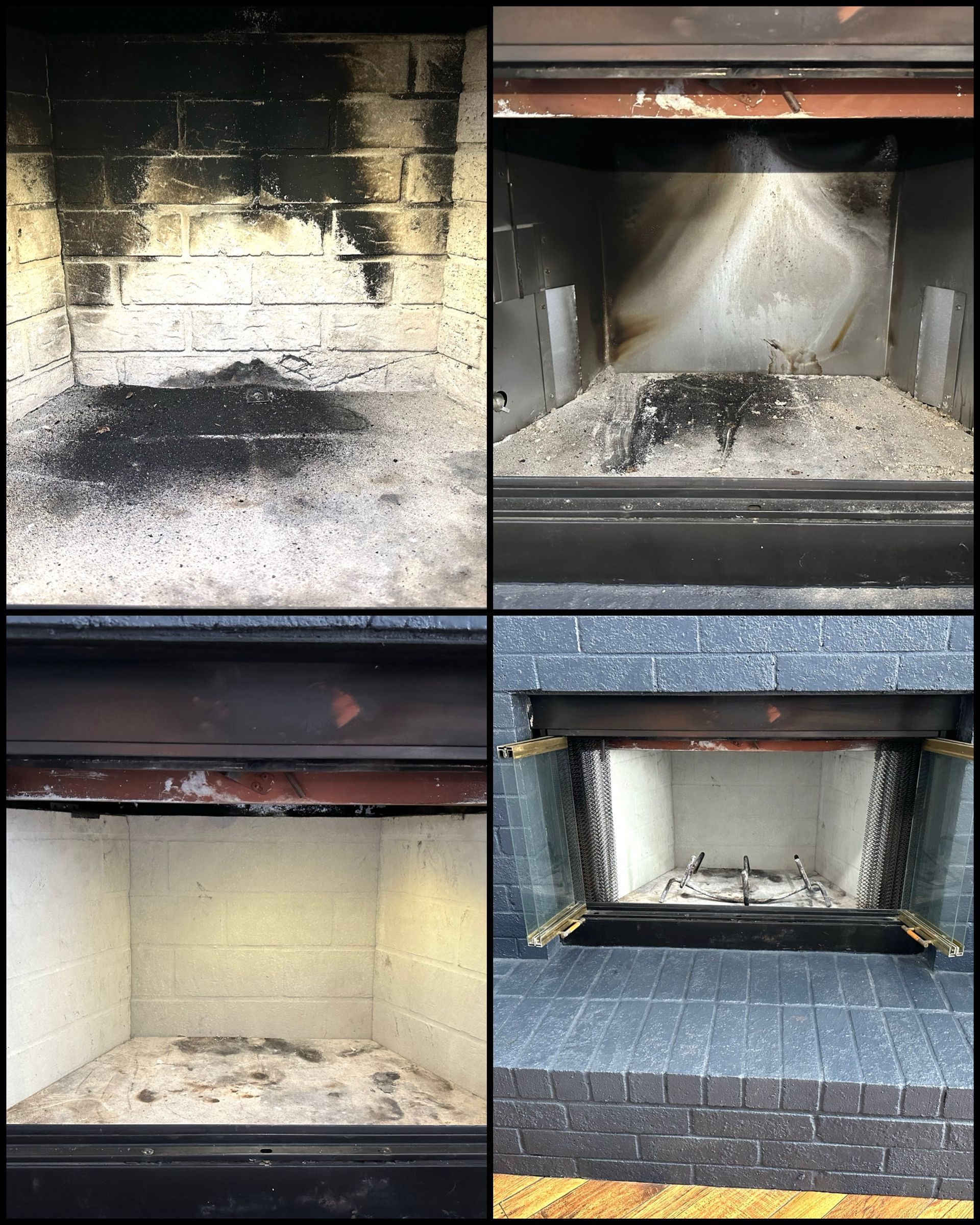 Four pictures of a fireplace before and after being cleaned