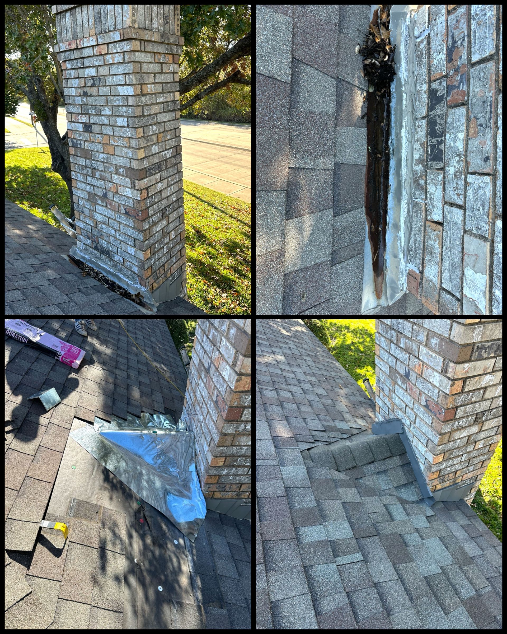 A collage of four pictures of a brick chimney on a roof.