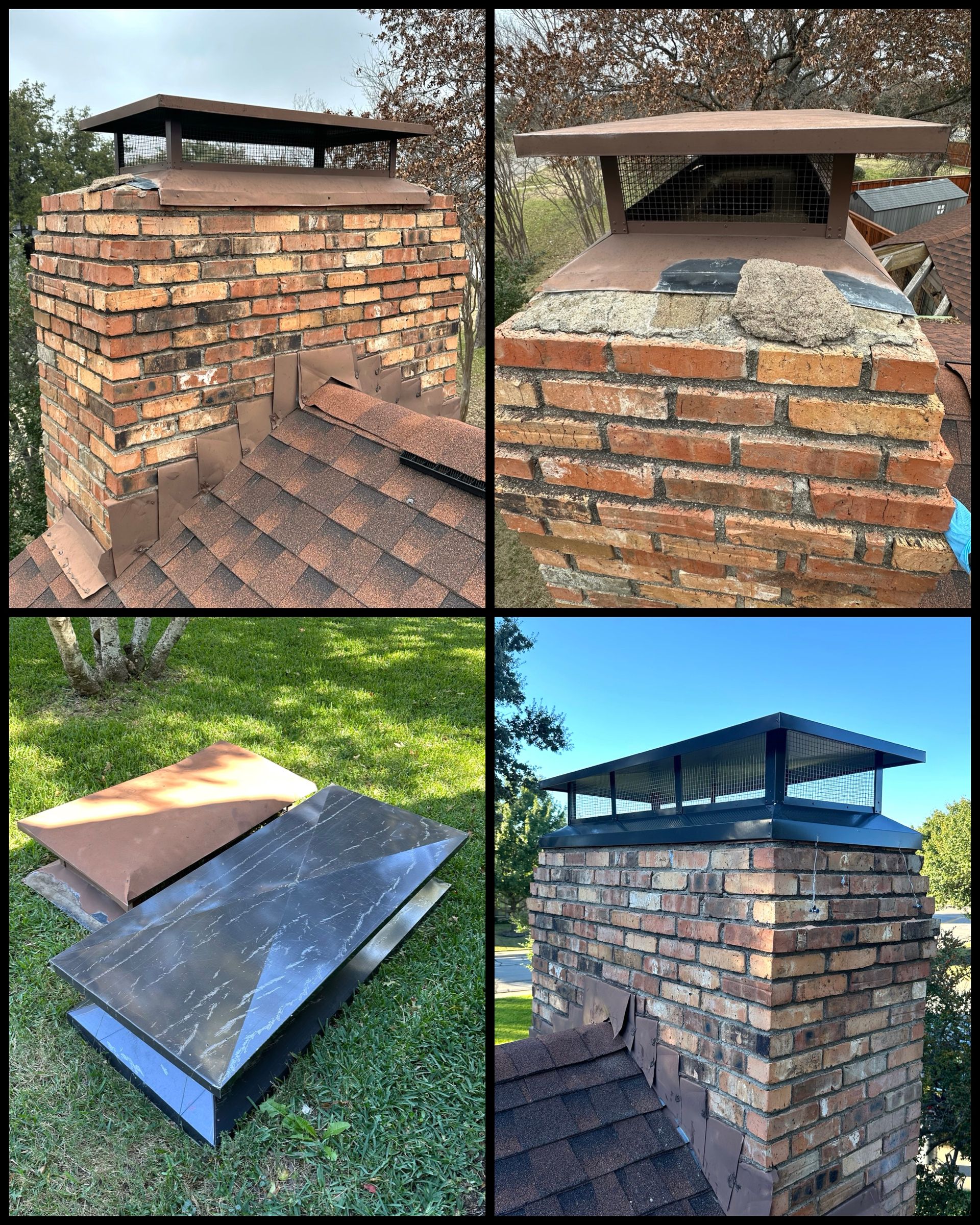 A collage of four pictures of a brick chimney.
