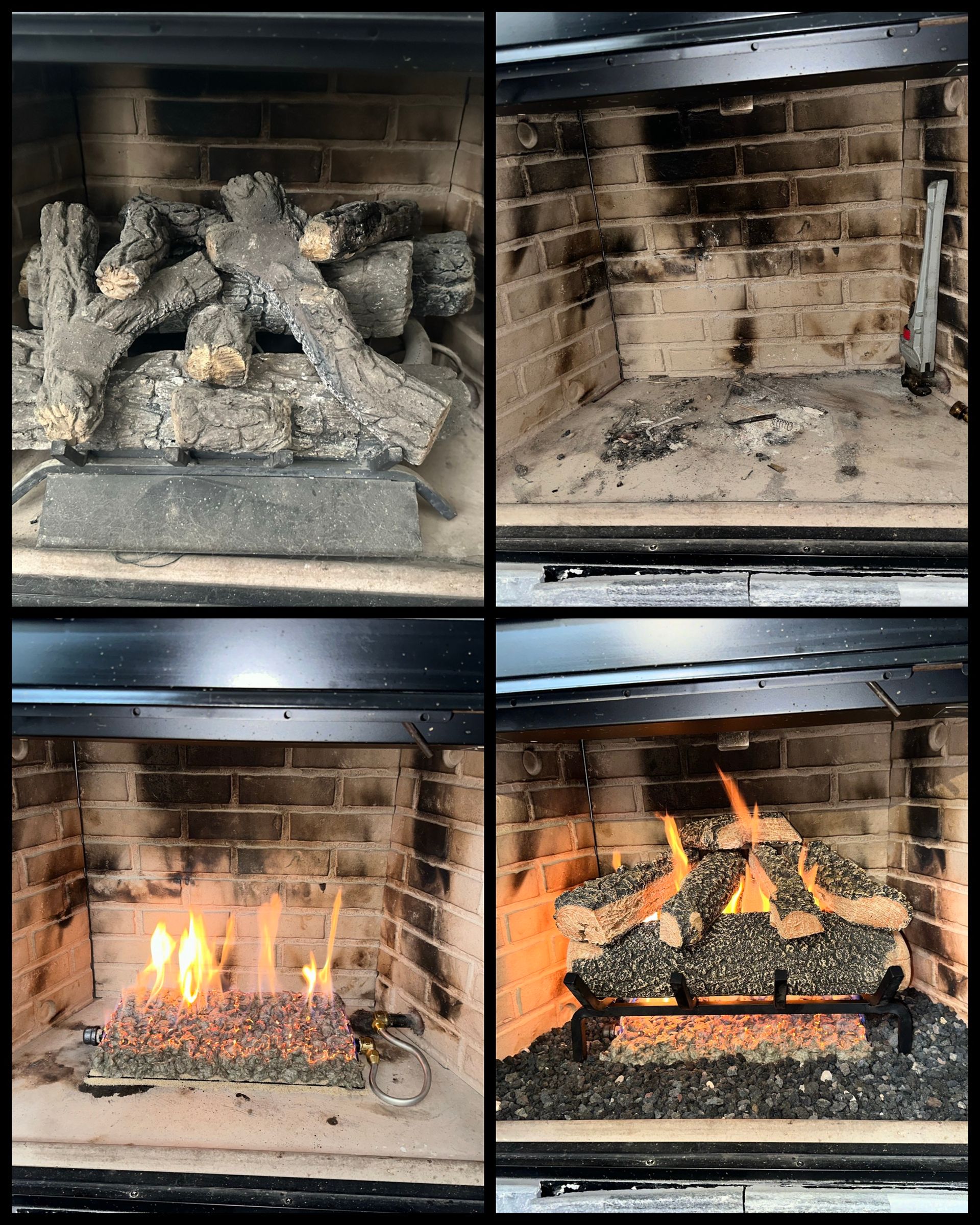 A collage of four pictures of a fireplace before and after being cleaned.