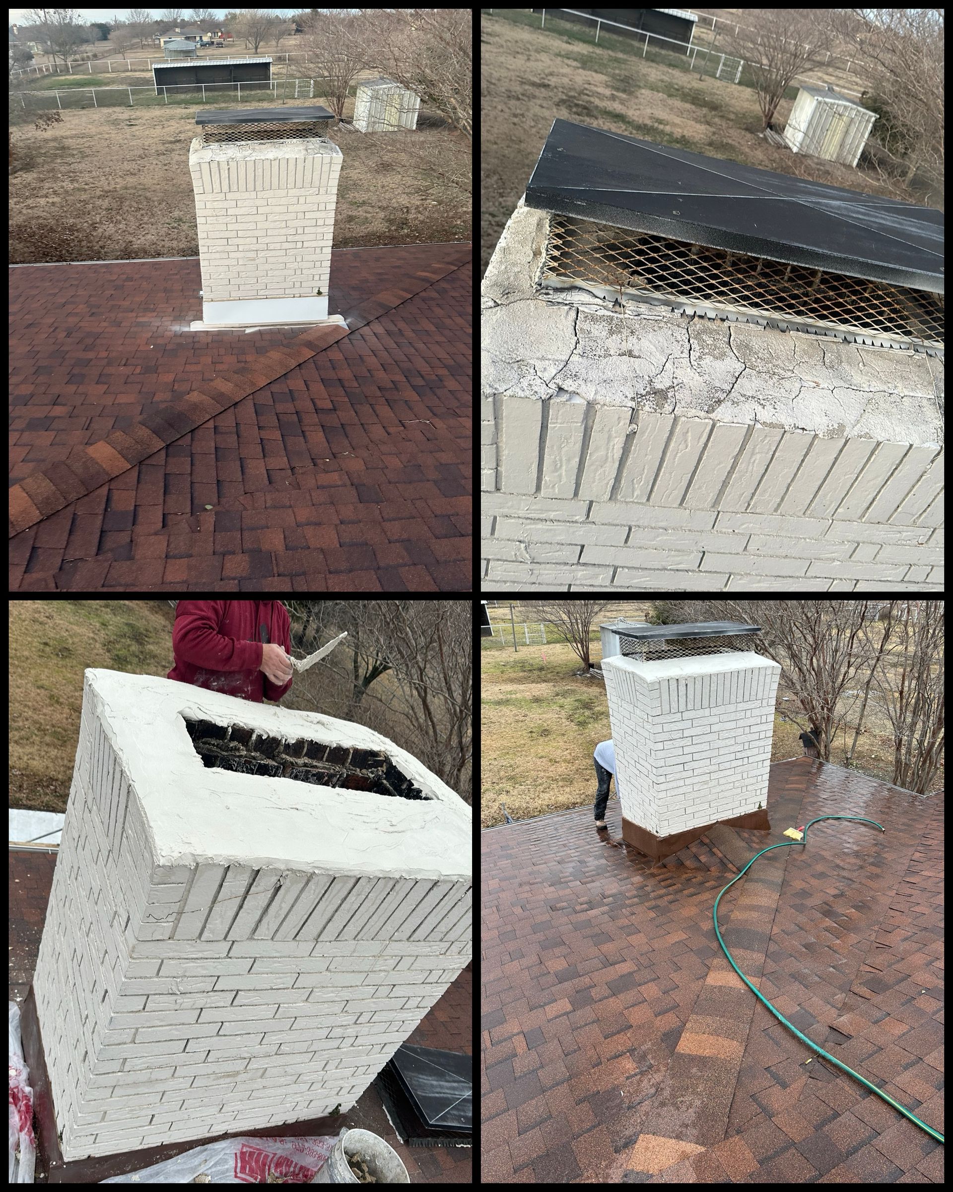 A collage of four pictures of a chimney being painted.