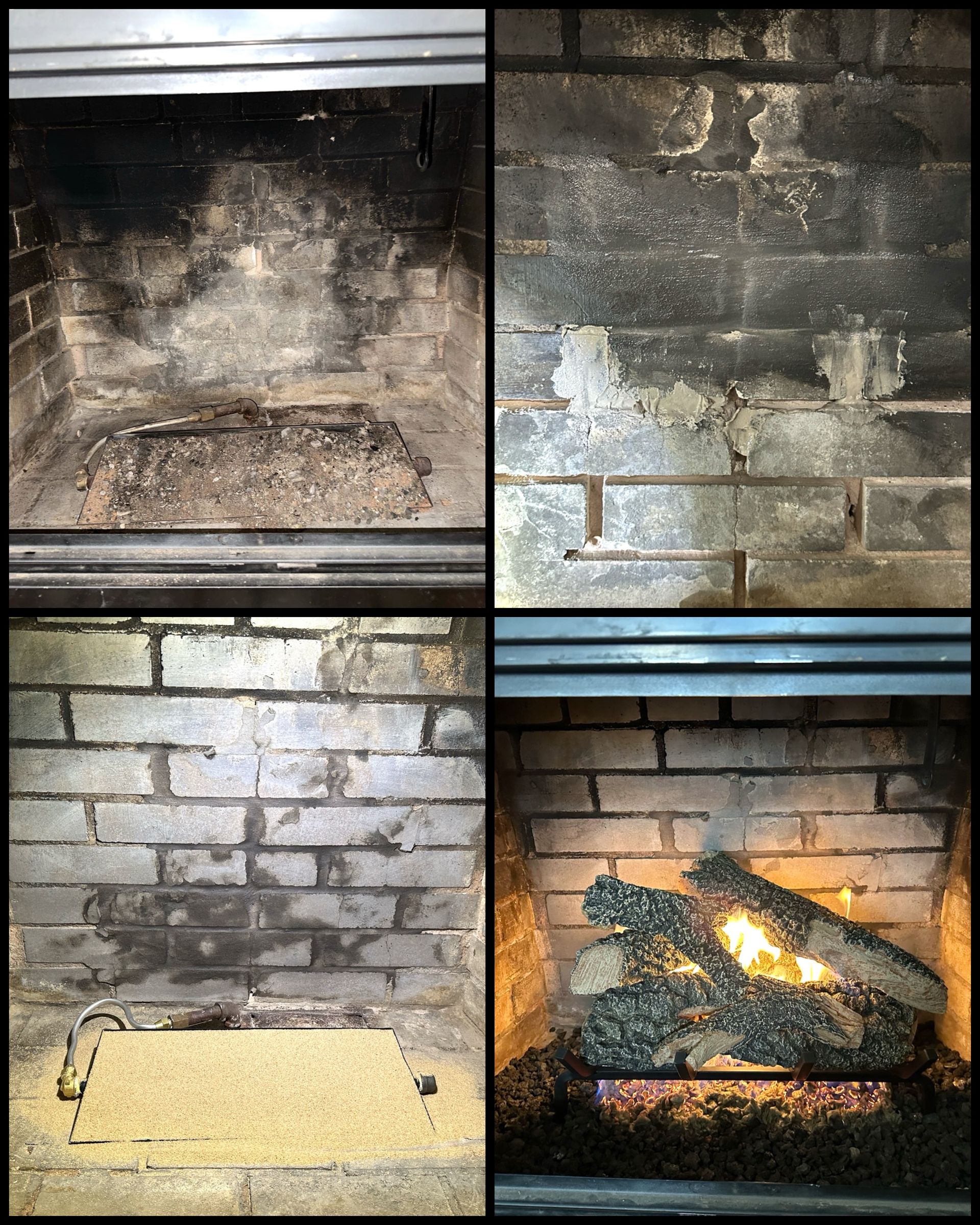 A collage of four pictures of a fireplace before and after being cleaned.