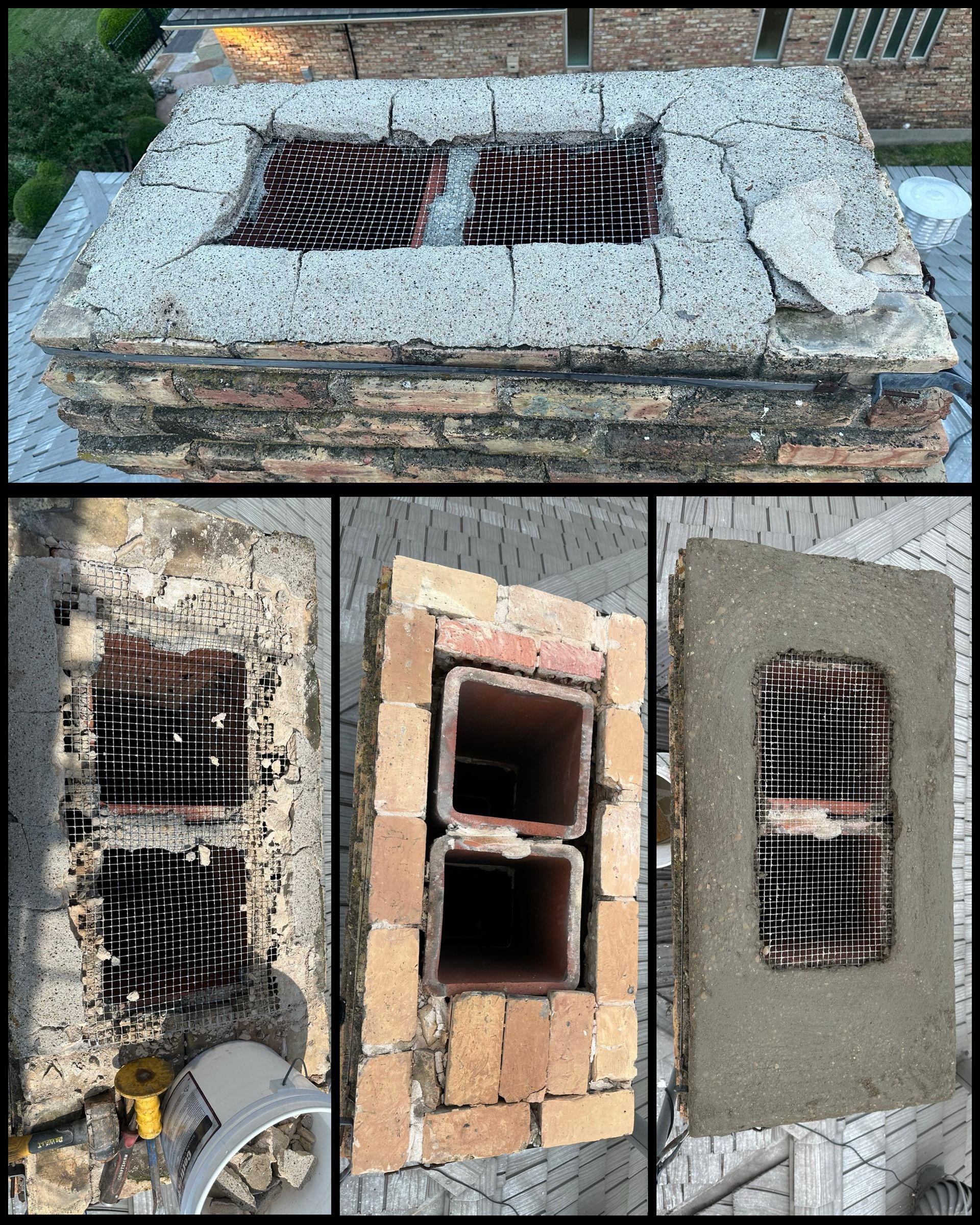A collage of three pictures of a chimney being repaired.