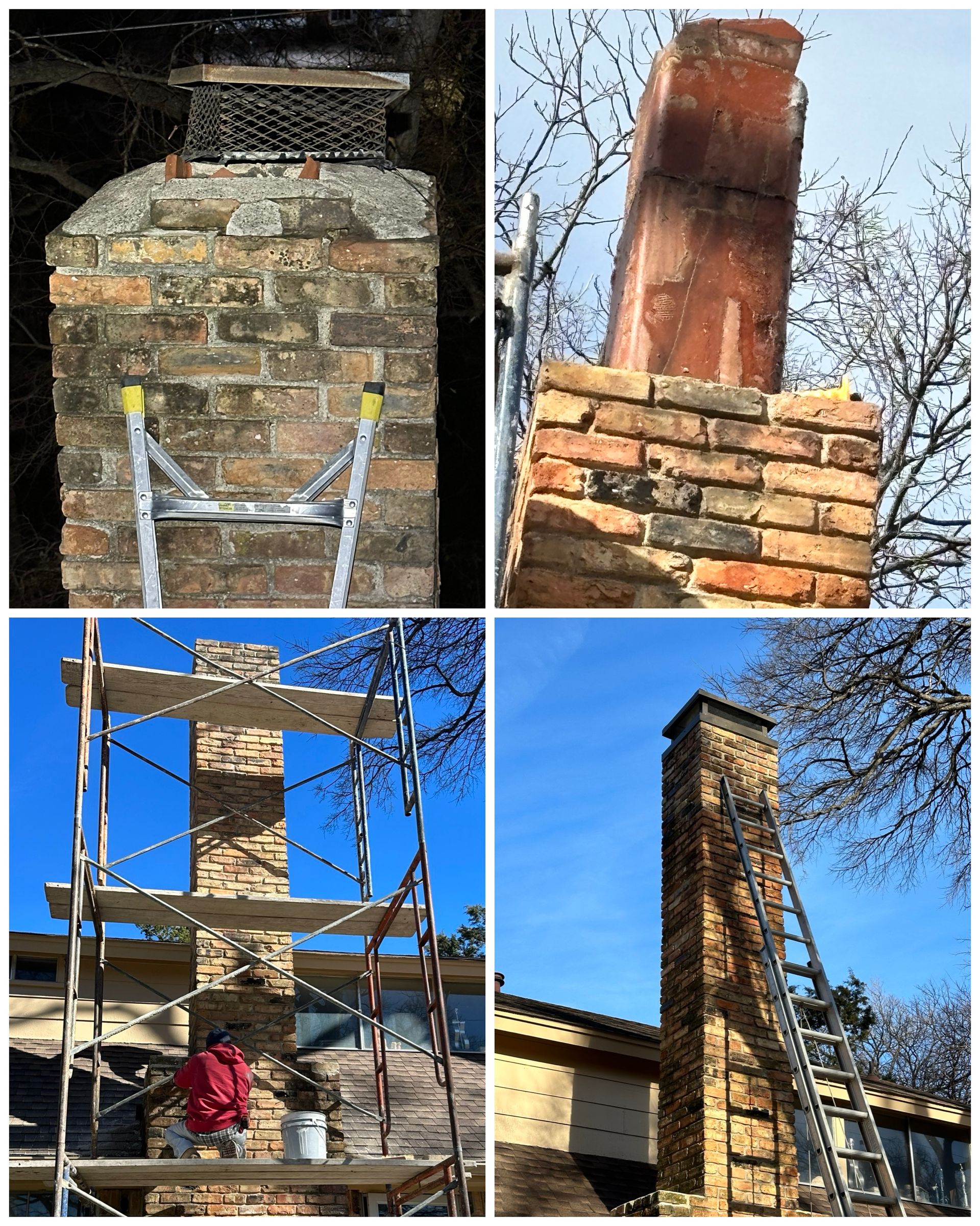A collage of four pictures of a brick chimney being repaired.