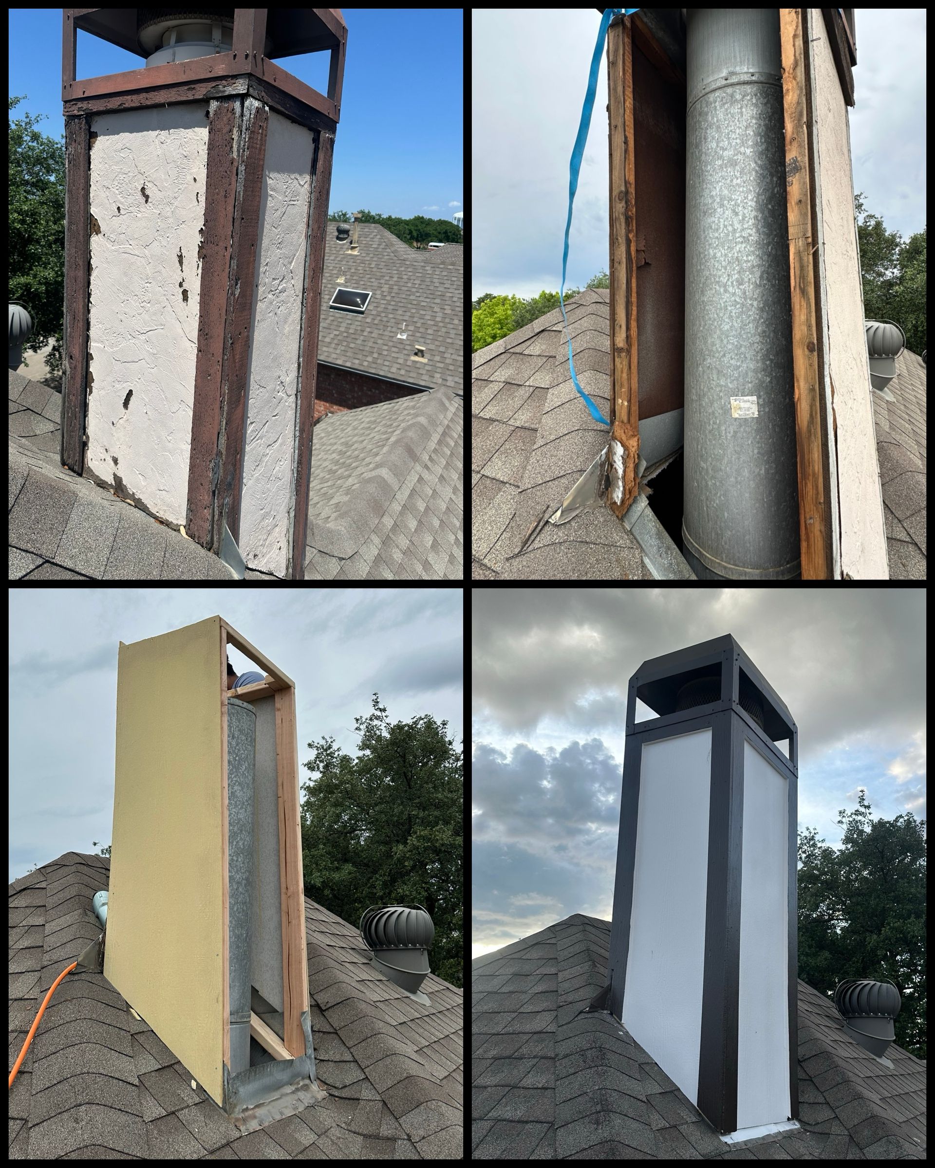 A collage of four pictures of a chimney being repaired