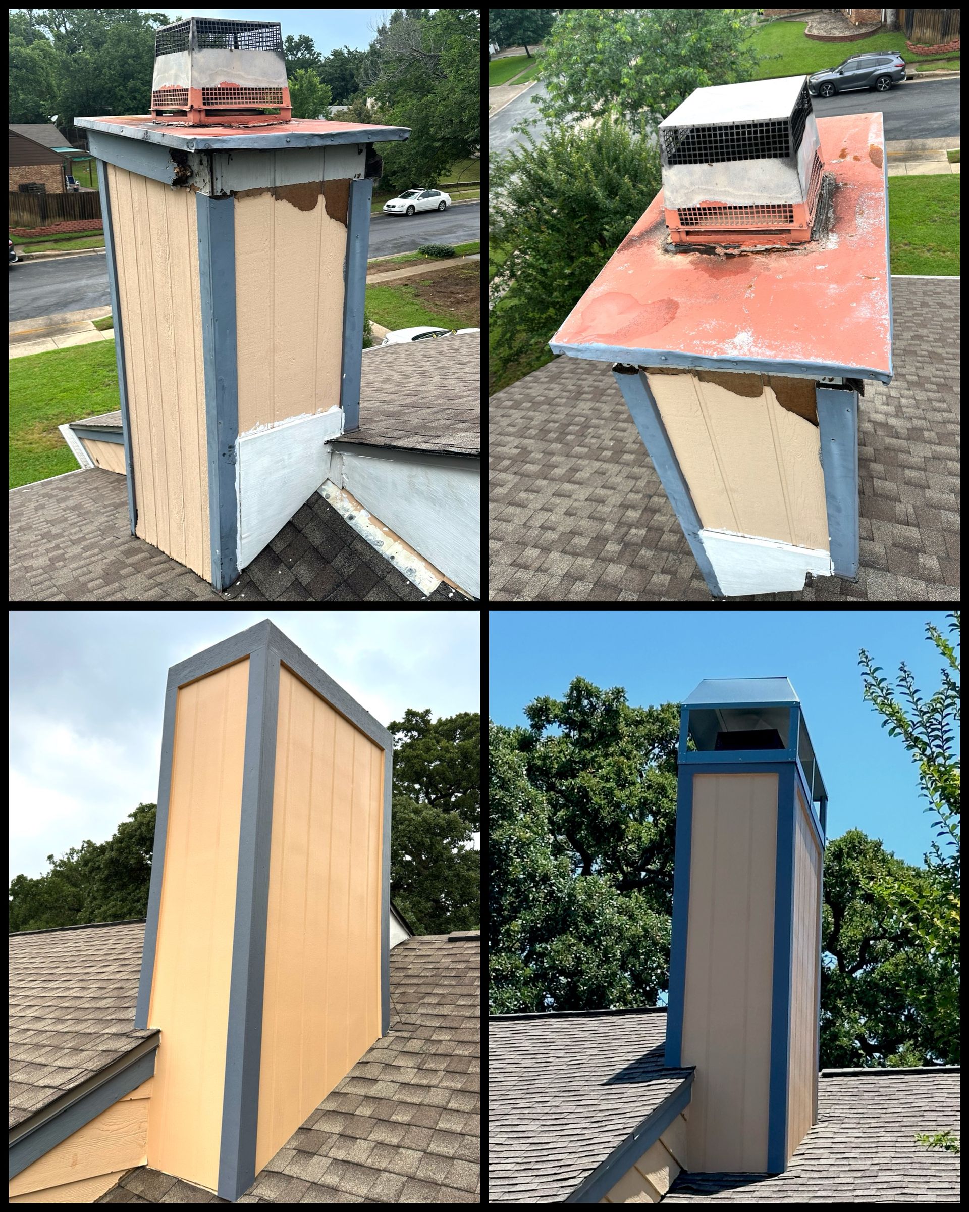 A collage of four pictures of a chimney on a roof