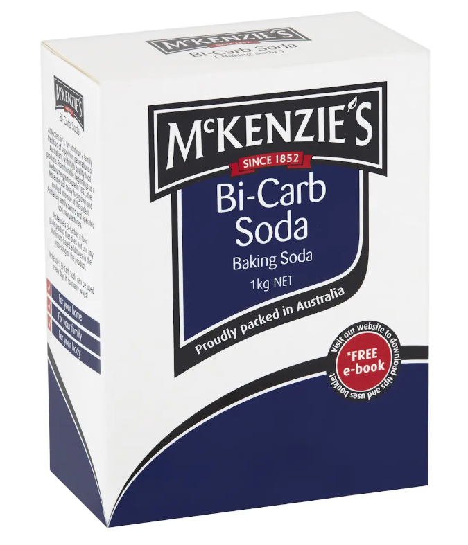 Box of McKenzie's Bi-Carb Soda, white with blue details. Text includes