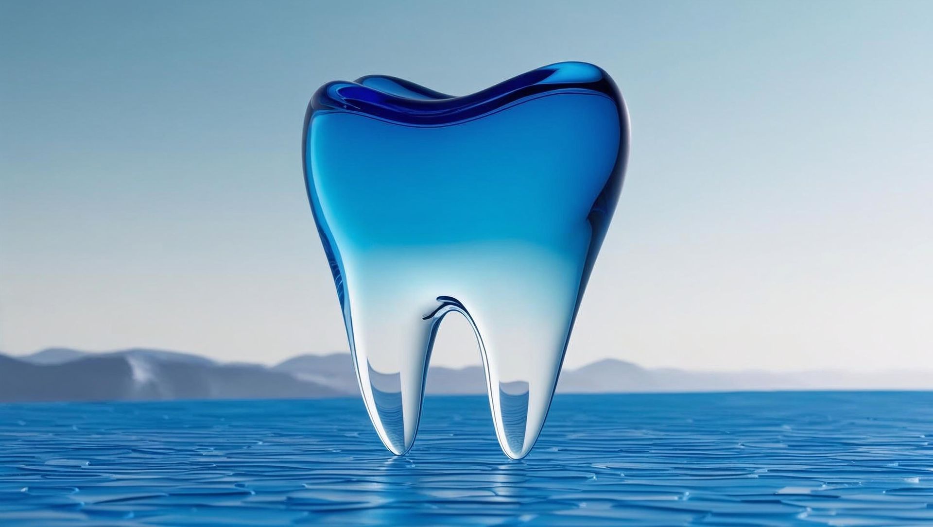 Blue glass tooth in water with a blurred mountain background.