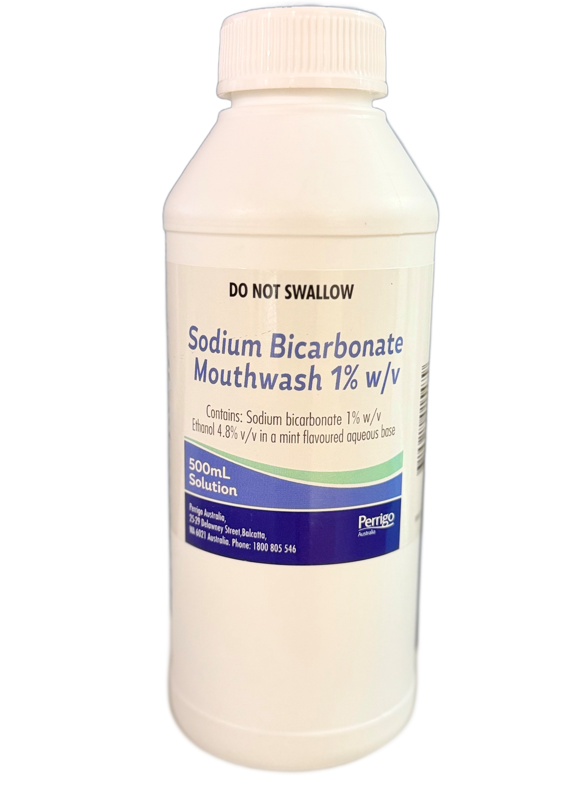 White bottle of sodium bicarbonate mouthwash.