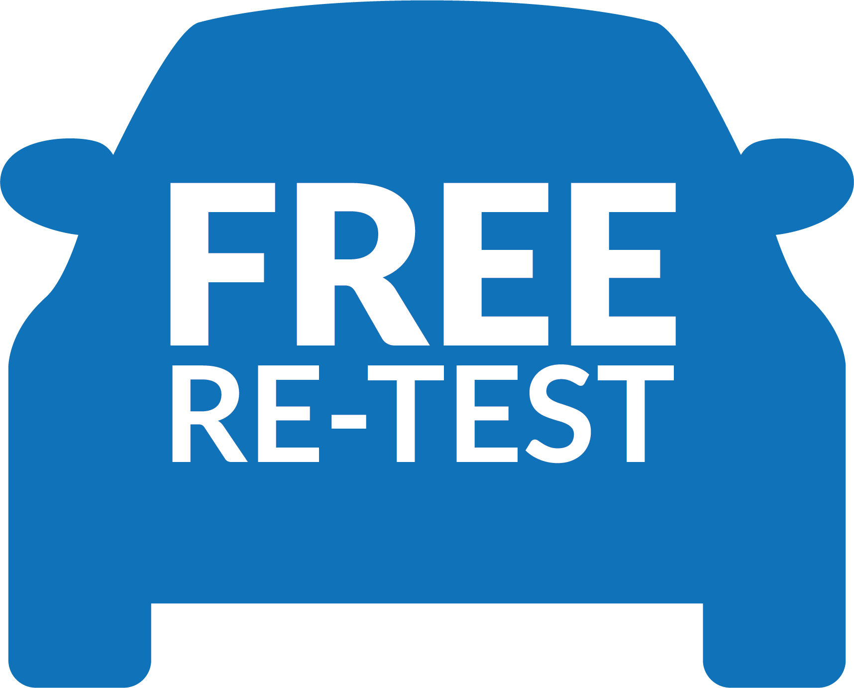 A blue car with the words `` free re-test '' written on it.