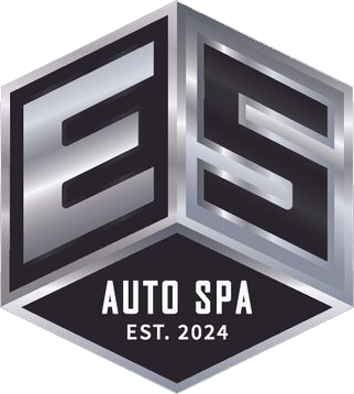 Logo for ES Auto Spa, metallic silver letters on black hexagonal base.