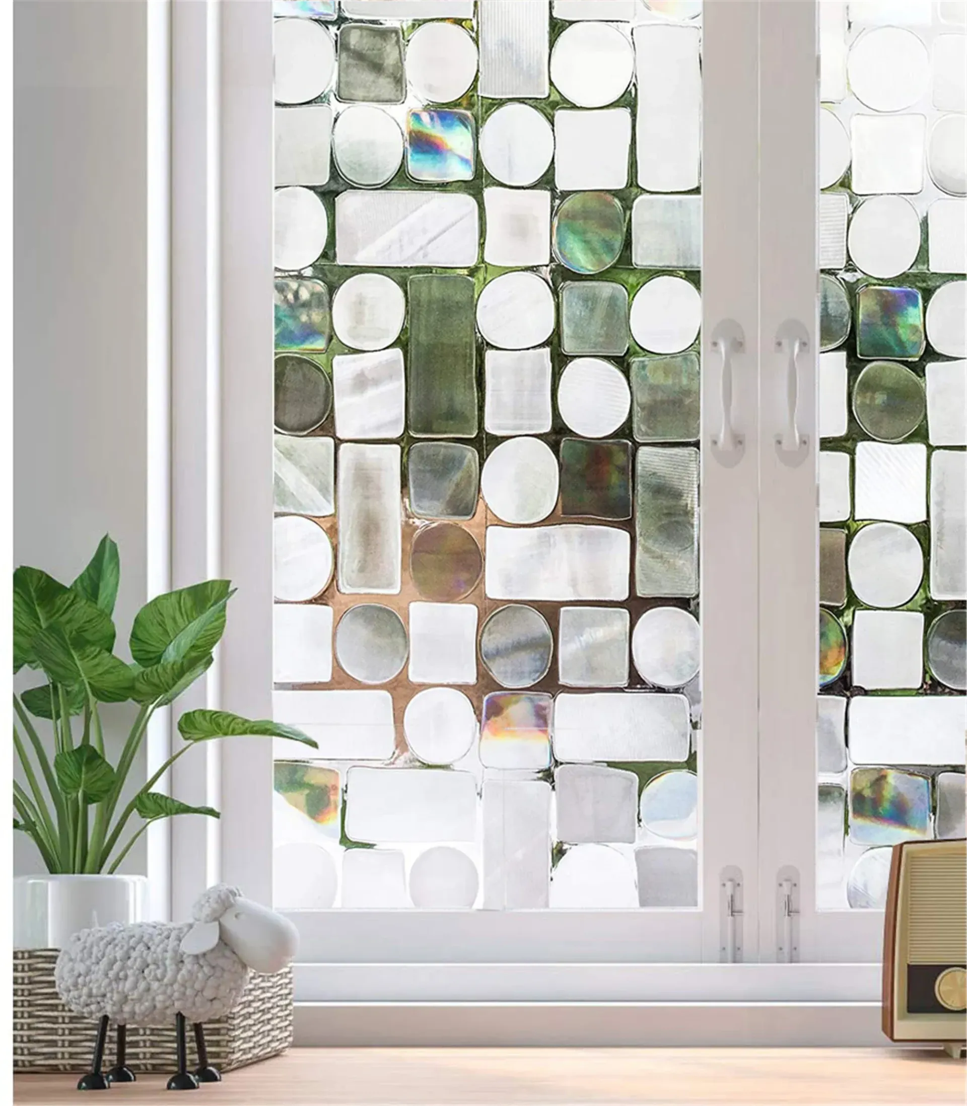 A sheep is standing in front of a window with a stained glass design on it.