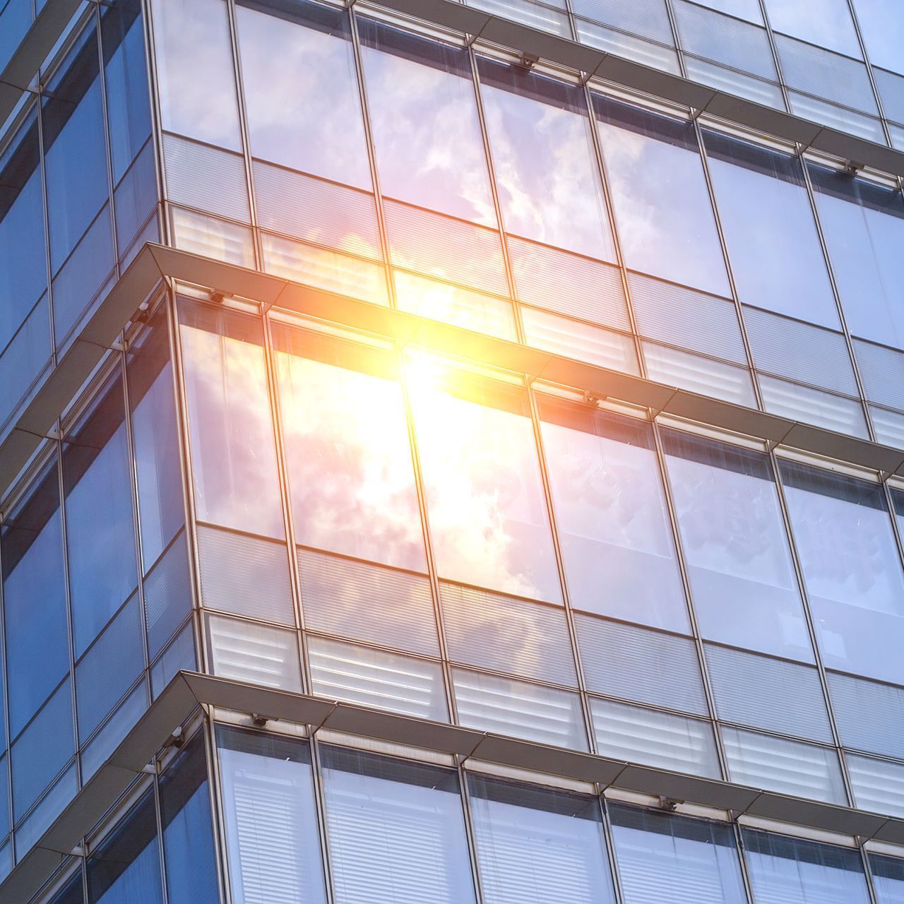 The sun is reflected in the windows of a tall building