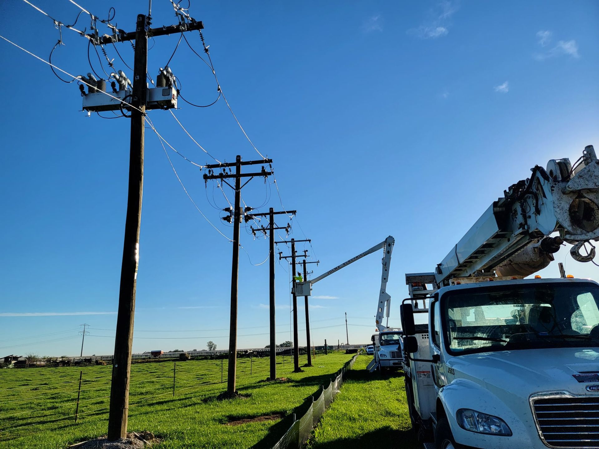 Utility workers in a bucket truck perform maintenance on a line of wooden utility poles in a grassy field under a blue sky.