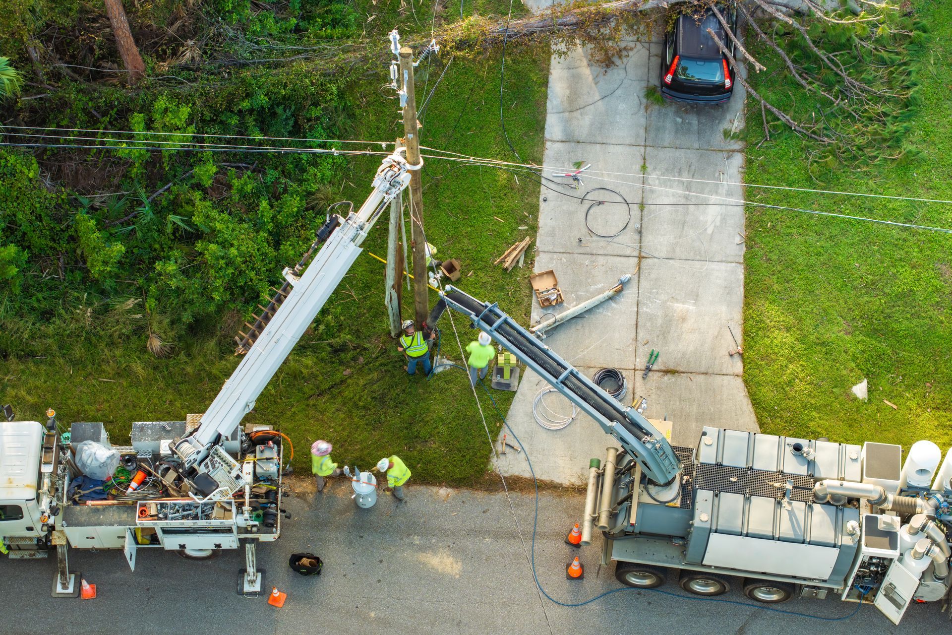 Aerial view of utility workers using two crane trucks to clear a fallen tree from power lines over a suburban driveway.