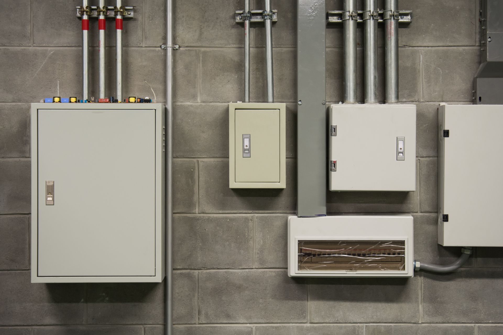Multiple light-colored electrical control panels mounted on a gray concrete block wall with vertical metal conduits.