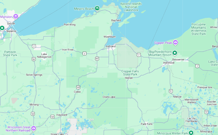 A digital map of the northern region of Minnesota, showing Lake Superior’s shoreline, towns, highways, and state parks.