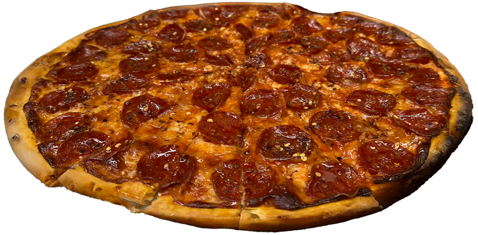 A pizza with a lot of meat on it on a white background.