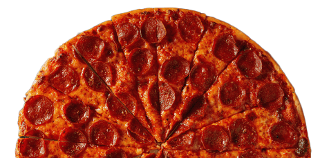 A pepperoni pizza is cut into slices on a white background