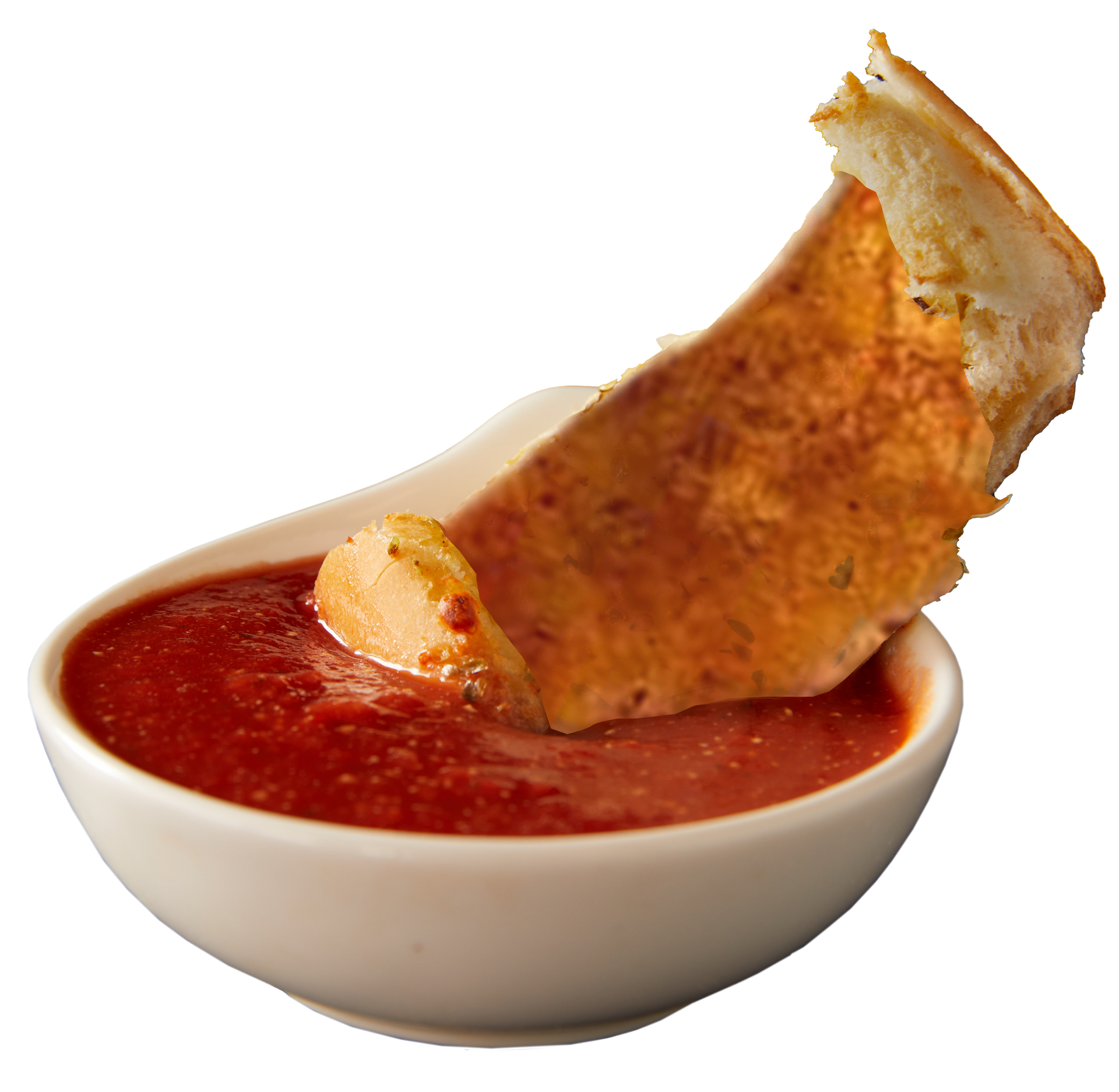 A piece of grilled cheese is sticking out of a bowl of tomato sauce