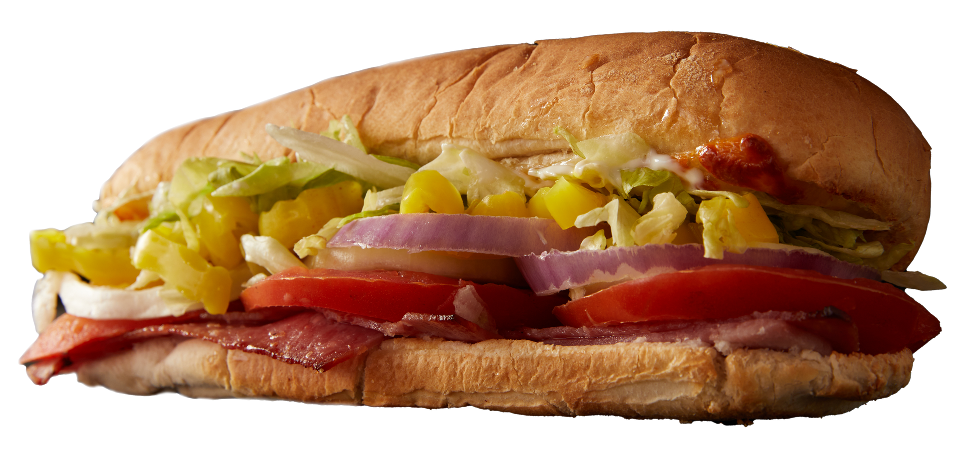 A sub sandwich with lettuce , tomatoes , onions and peppers on a white background.