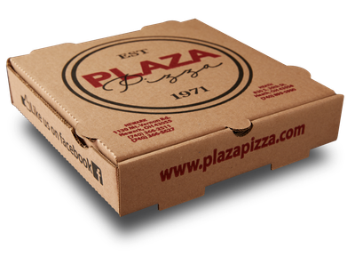 A plaza pizza box with the website www.plazapizzaco.com on the side