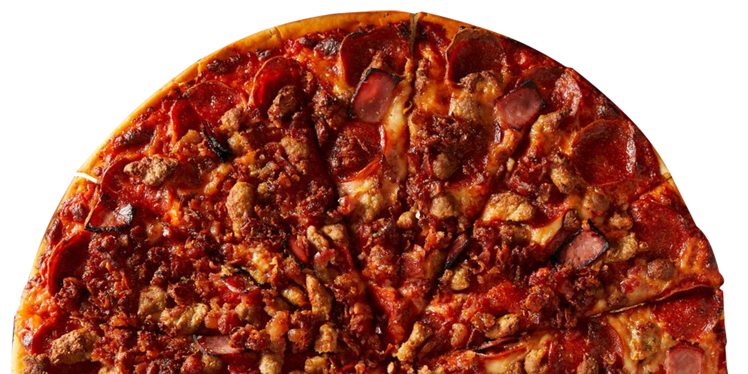 A pizza with a lot of meat on it on a white background.