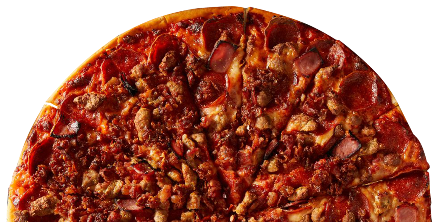 A pizza with a lot of meat on it on a white background.
