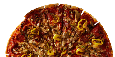 A pizza with a lot of toppings on it on a white background