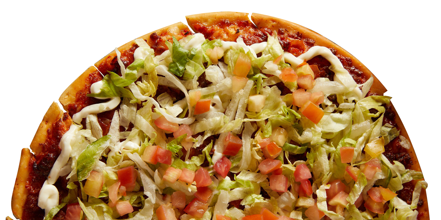 A pizza with lettuce and cheese on it on a white background.