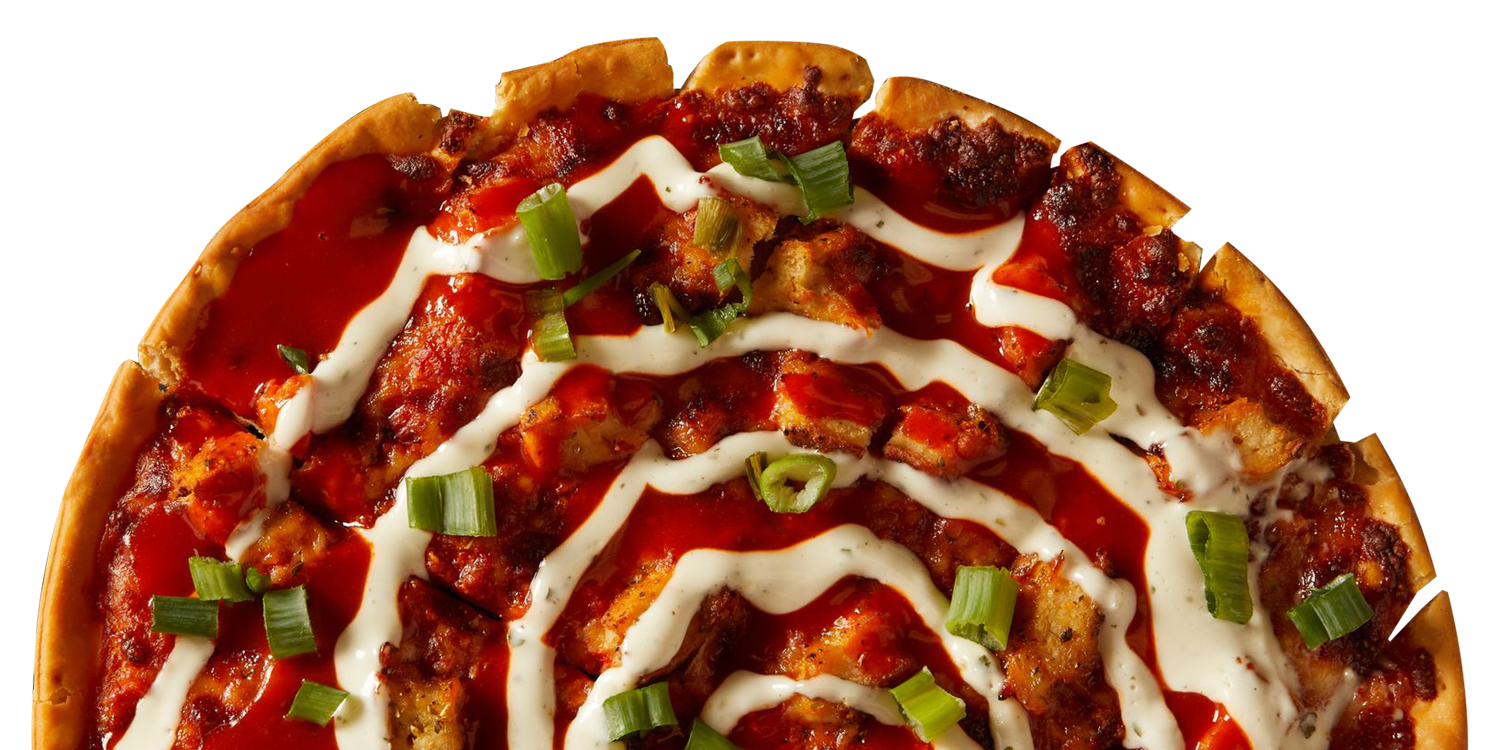 A pizza with a lot of toppings on it on a white background.