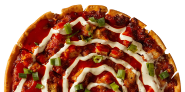 A pizza with sauce and green onions on a white background.