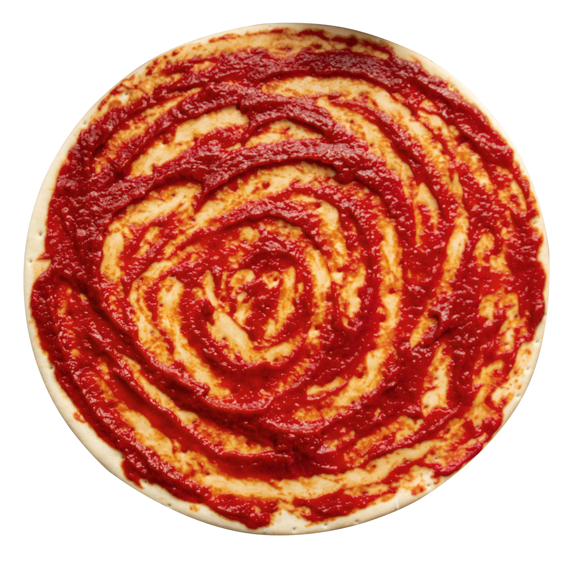 A pizza with a swirl of tomato sauce on it