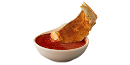 A piece of grilled cheese is sticking out of a bowl of tomato sauce