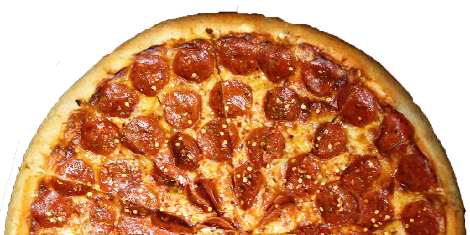 A pizza with a lot of meat on it on a white background.