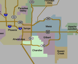 Map of Phoenix, Tempe, Mesa, Chandler, Gilbert, and surrounding areas, with highways.