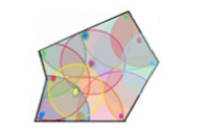 Geometric shape with overlapping, colorful circles and dots.