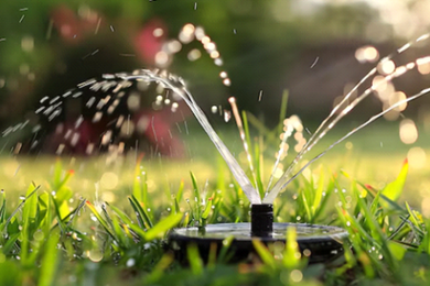 A lawn sprinkler sprays water droplets onto green grass in a sunlit yard.