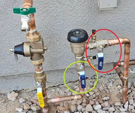 Water pipes and valves outdoors with a green, yellow, and blue handle.  Highlighted in red and yellow.