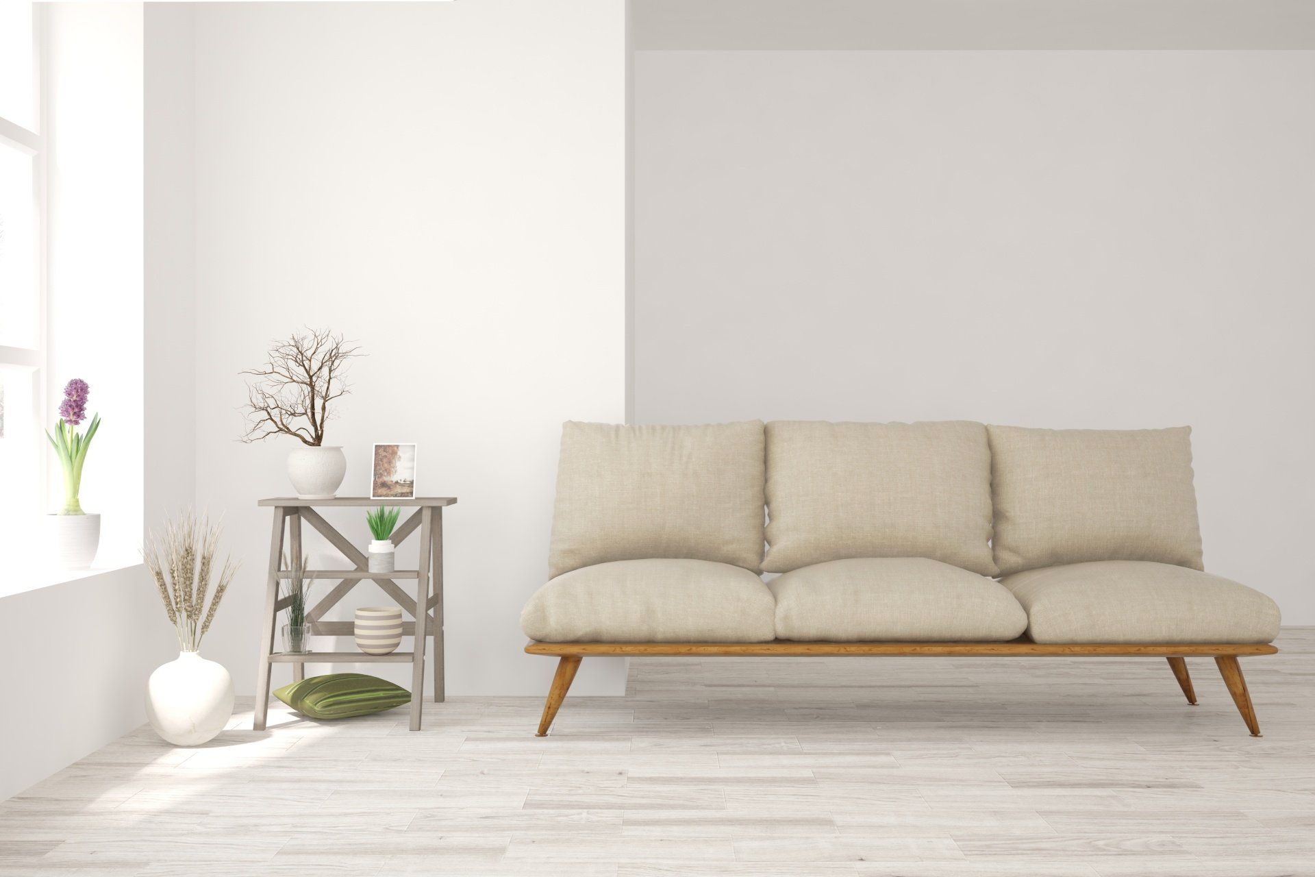 modern boho interior of living room at cozy apartment with gray wooden sofa