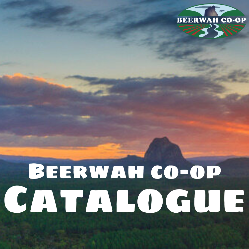 A beerwah co-op catalogue with a mountain in the background
