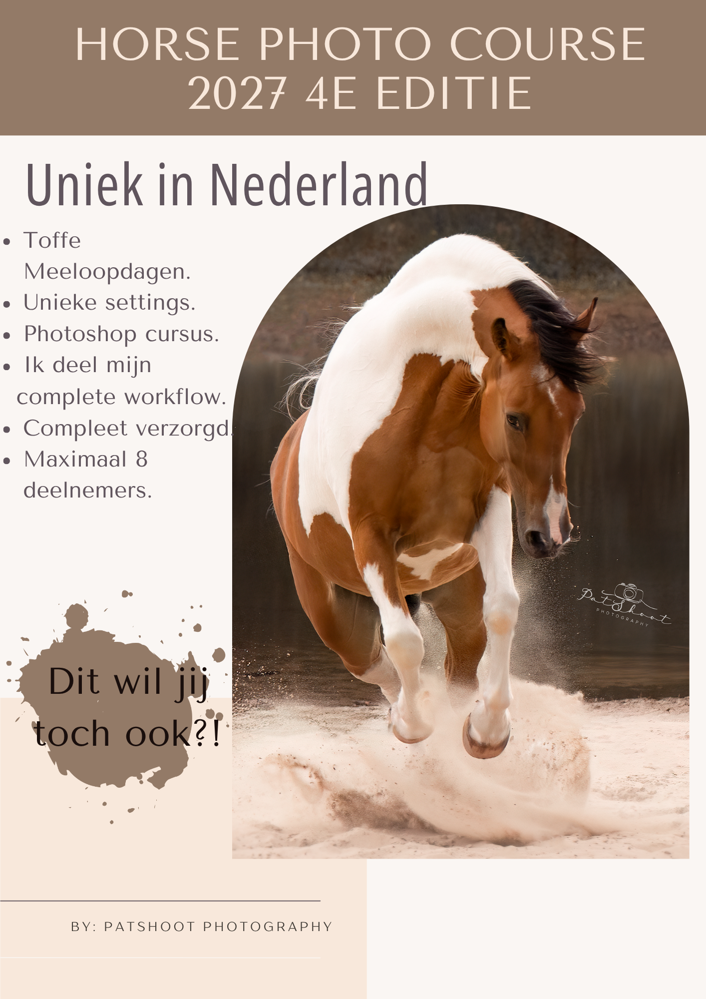 Poster ter promotie van een cursus paardenfotografie in Nederland. De poster toont een vrouw met een paard en tekst in het Nederlands.