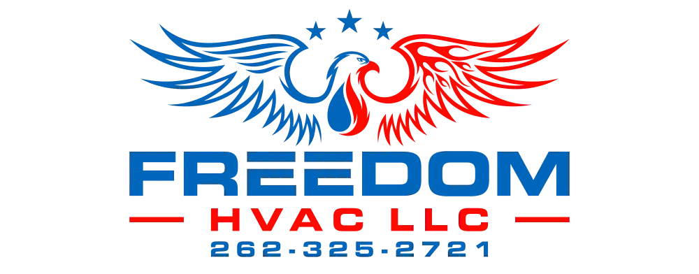 Freedom HVAC LLC logo with a red, white, and blue eagle graphic, company name, and phone number 262-325-2721.