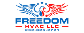 Freedom HVAC LLC logo with a red, white, and blue eagle graphic, company name, and phone number 262-325-2721.