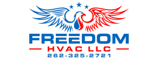 Freedom HVAC LLC logo with a red, white, and blue eagle graphic, company name, and phone number 262-325-2721.