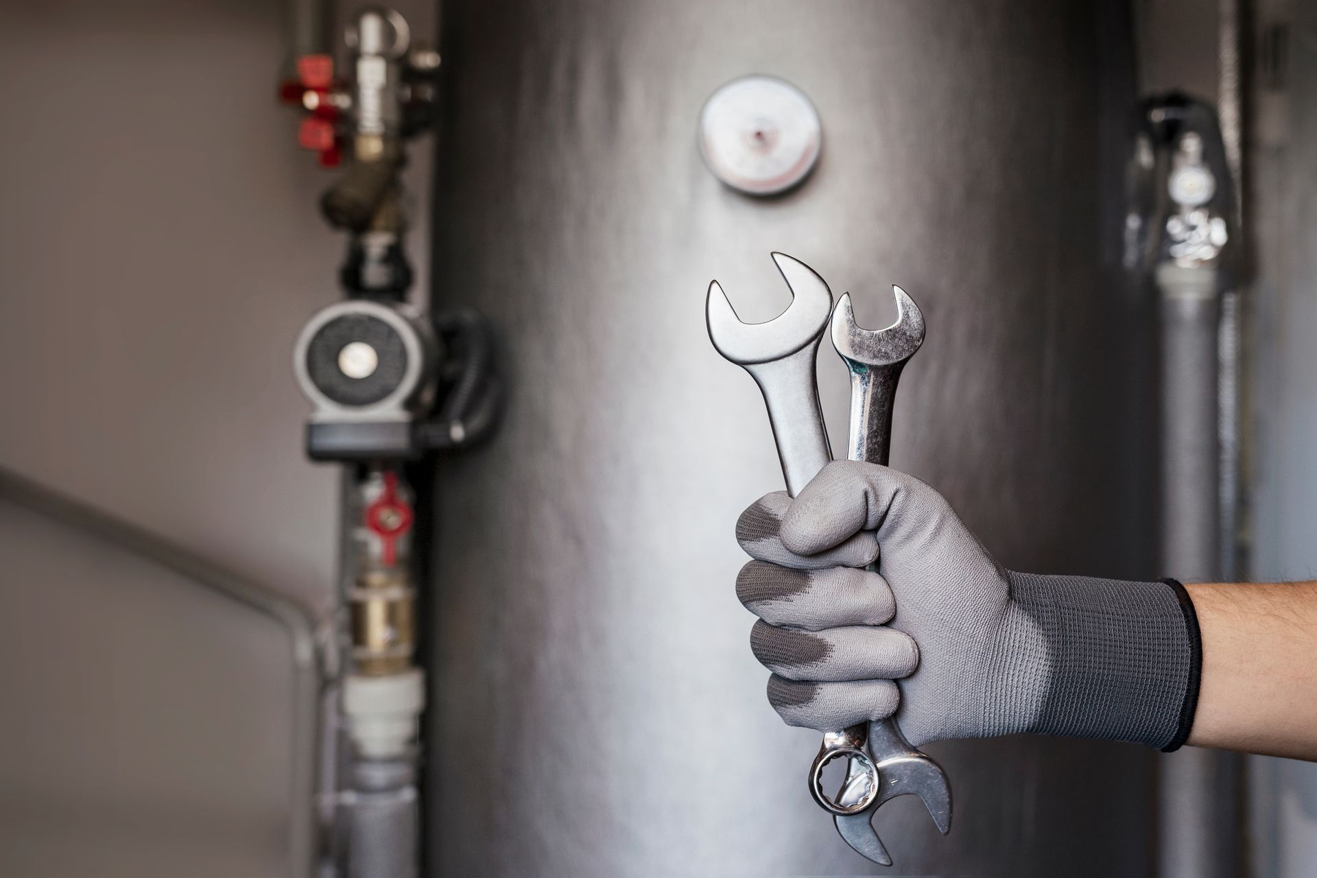 A gloved hand holds two wrenches in front of a metal water heater and plumbing equipment.