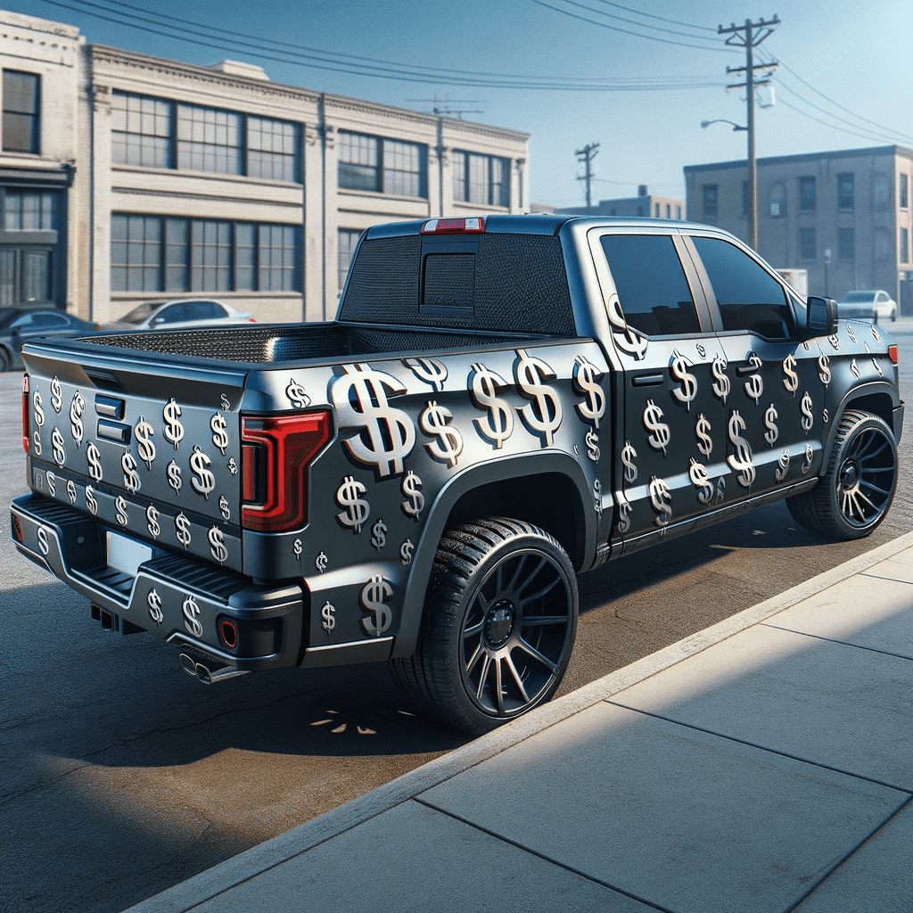 truck with bedliner and dollar sign paint job