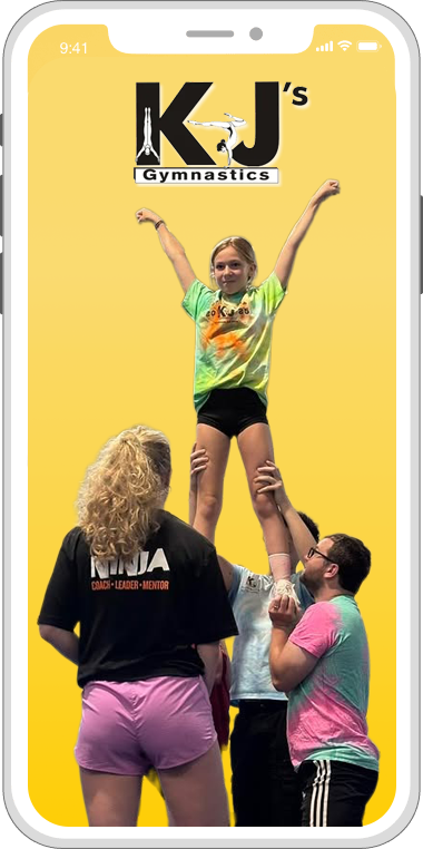 Cheerleaders in a human pyramid with a girl in the top position. Yellow background, KJ's Gymnastics logo.