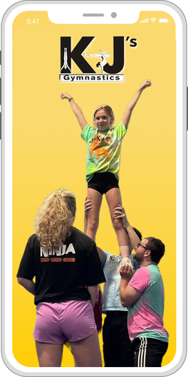 Cheerleaders in a human pyramid with a girl in the top position. Yellow background, KJ's Gymnastics logo.